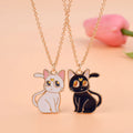 Lovecryst 2Pcs/set Cute Black White Cat Alloy Drop Oil Best Friend Necklace for Kids Girls Fashion Friendship Gifts