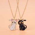 Lovecryst 2Pcs/set Cute Black White Cat Alloy Drop Oil Best Friend Necklace for Kids Girls Fashion Friendship Gifts