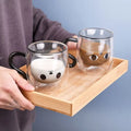 Insulated Glass Coffee Mugs Cartoon Cat Double-Walled Espresso Coffee Cups Handle Drinkware Water Cups Winter