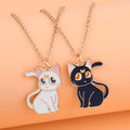 Lovecryst 2Pcs/set Cute Black White Cat Alloy Drop Oil Best Friend Necklace for Kids Girls Fashion Friendship Gifts